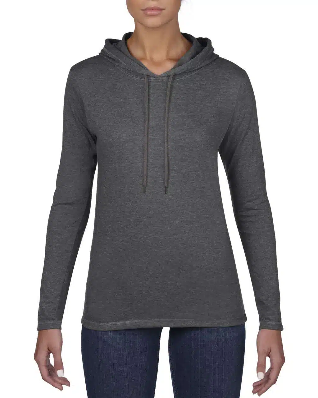 Heather Dark Grey/Dark Grey Anvil WOMEN’S LIGHTWEIGHT LONG SLEEVE HOODED TEE Pólók/T-Shirt