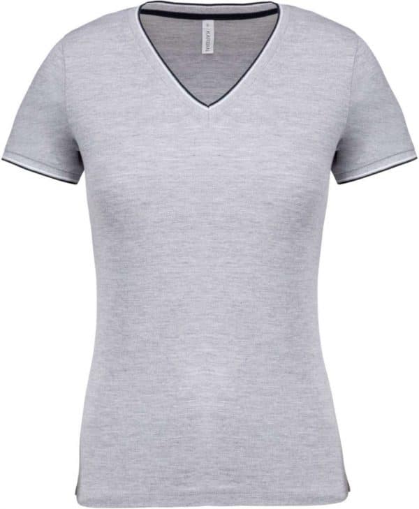 Oxford Grey/Navy/White Kariban LADIES' PIQUÉ KNIT V-NECK T-SHIRT Pólók/T-Shirt