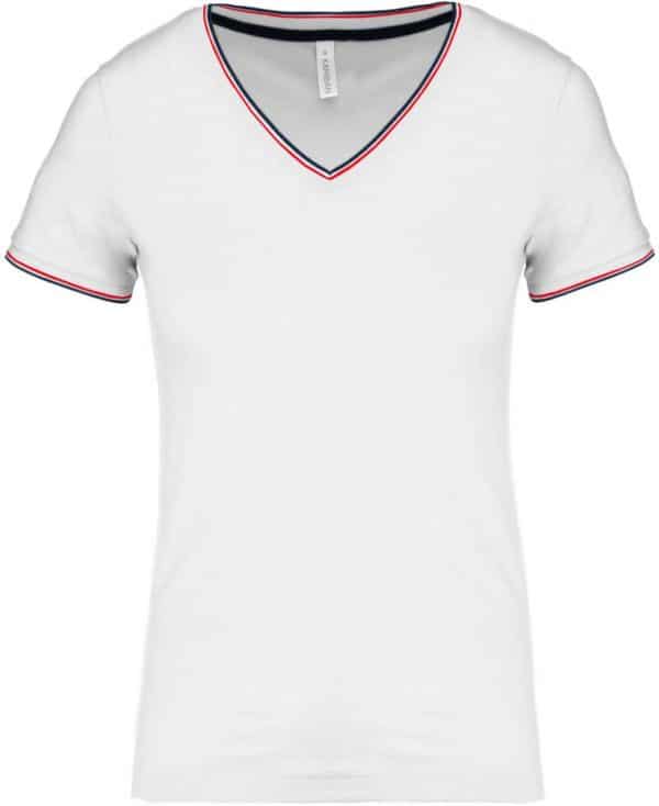 White/Navy/Red Kariban LADIES' PIQUÉ KNIT V-NECK T-SHIRT Pólók/T-Shirt