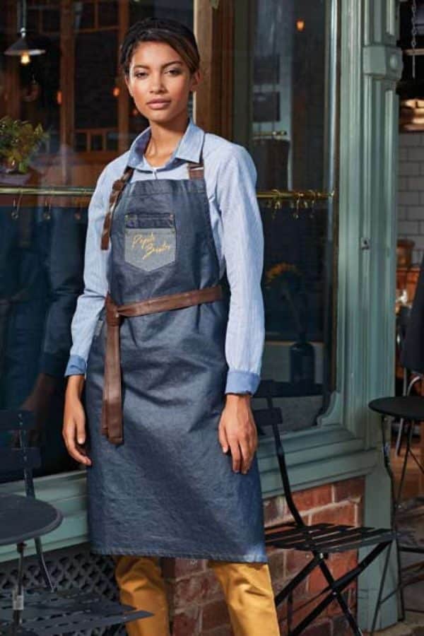 Premier 'DIVISION' WAXED LOOK DENIM BIB APRON WITH FAUX LEATHER Formaruhák